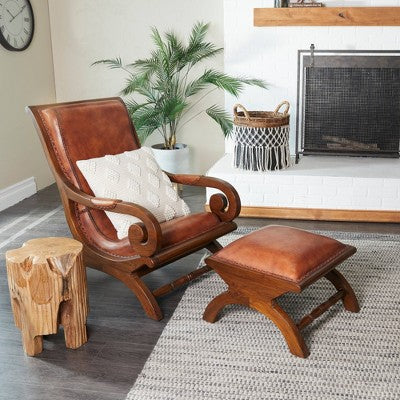 Traditional Teak Wood Accent Chair with Arms and Ottoman Brown - Olivia & May: Leather Upholstered, No Assembly Required (LOCAL PICKUP ONLY)