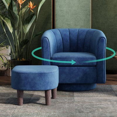 LINSY HOME Swivel Accent Chair Ottoman Set, Velvet Small Barrel Chair with Foot Rest Blue 27.4'' x 25.6'' x 26'' (LOCAL PICKUP ONLY)