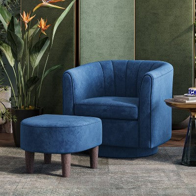 LINSY HOME Swivel Accent Chair Ottoman Set, Velvet Small Barrel Chair with Foot Rest Blue 27.4'' x 25.6'' x 26'' (LOCAL PICKUP ONLY)