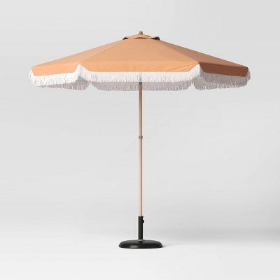 7.5' Fringe Edge Outdoor Round Patio Market Umbrellas Mustard Yellow with Faux Wood Pole - Threshold (LOCAL PICKUP ONLY)