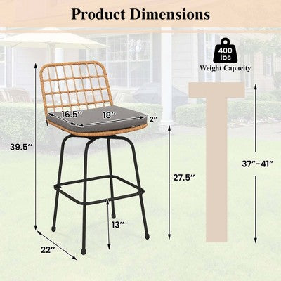 Costway Patio 360° Swivel Bar Stools Set of 2 with Backrests & Footrests Soft Seat Cushions (LOCAL PICKUP ONLY)