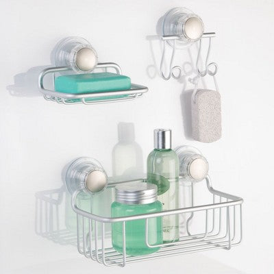 iDESIGN Metro Rustproof Aluminum Turn and Lock Suction Bathroom Shower Caddy Basket Silver: Steel Organizer Rack