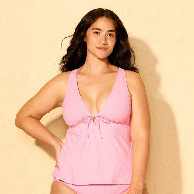 Women's Ribbed Tie-Front Tankini Top - Shade & Shore Pink XL