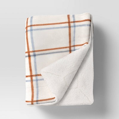 Grid Printed Plush Throw Blanket with Faux Shearling Reverse Ivory - Threshold