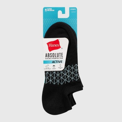 Hanes Women's Absolute Active 4pk Super No Show Socks - Black 5-9: Knit Midweight, Solid Pattern