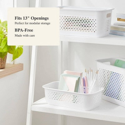 Narrow Small Decorative Plastic Bin White - Brightroom: Modern Storage with Cut-Out Handles, 13" Cube Compatible