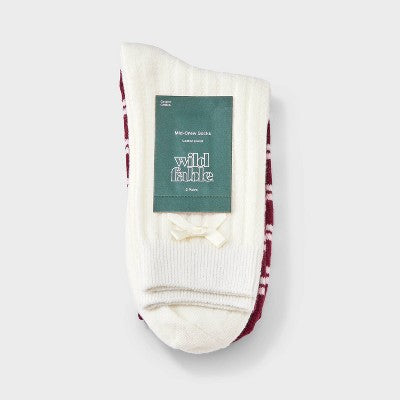 Women's Pointelle with Bow & Striped 2pk Mid Crew Socks - Wild Fable Ivory/Burgundy/Pink 4-10