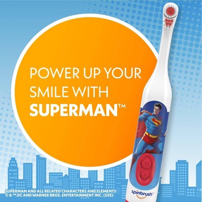 Spinbrush Kids' Superman Electric Toothbrush: Round Head, Soft Nylon Bristles, Battery-Powered, 9.64-Inch Height