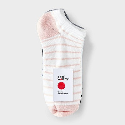 Women's 10pk Low Cut Socks - Dealworthy Assorted Striped/Solid 4-10: Recycled Polyester, Spandex, Machine Washable