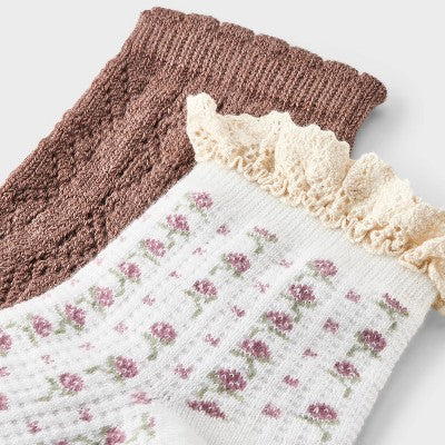 Women's Floral Lace and Pointelle 2pk Ankle Socks - Auden Ivory/Brown 4-10: Midweight Knit, Ruffle Trim