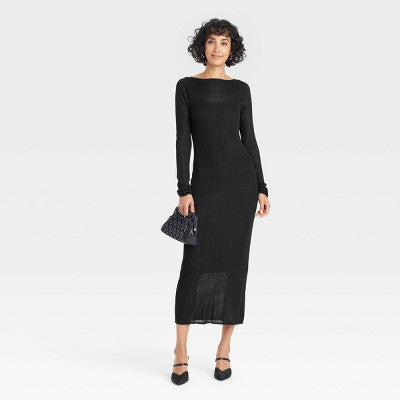 Women's Long Sleeve Sheer Maxi Sweater Dress - A New Day Black L