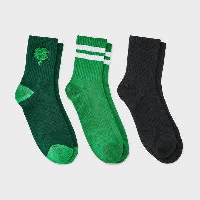 Women's Boucle Shamrock Ribbed St. Patrick's Day 3pk Mid Crew Socks - Green/Black 4-10