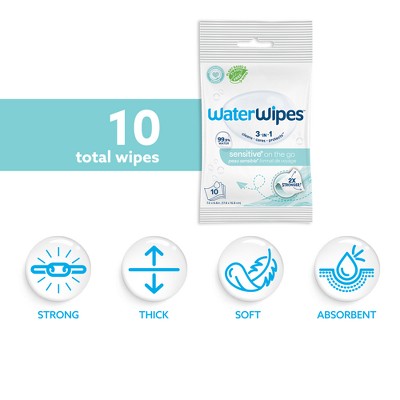 WaterWipes Sensitive+ On The Go Wipes, 3-In-1 Cleans, Cares, Protects, 99.9% Water, Unscented & Hypoallergenic - 10ct
