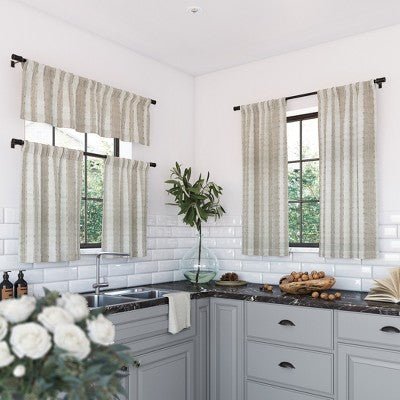2pc 52"x24" Archaeo Slub Textured Striped Cotton Cafe Curtain Tier Pair Linen/White: Kitchen Window Tier Curtains