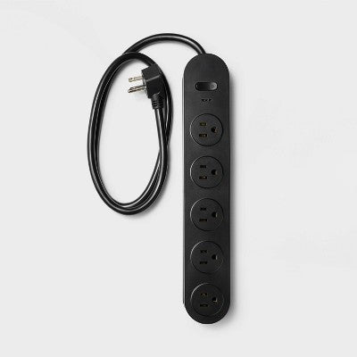 5 Outlet Surge Protector 3' Cord Black - heyday