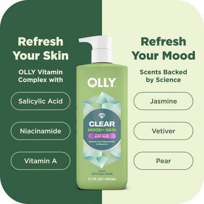 OLLY Clear Mood and Skin Vitamin-Infused Body Wash - Crisp Vetiver Pear - 17 fl oz: Paraben-Free, Sulfate-Free, Gel Form, Whole Body Use