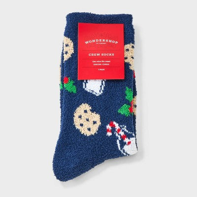Women's Santa's Milk & Cookies Christmas Cozy Crew Socks - Wondershop Navy 4-10