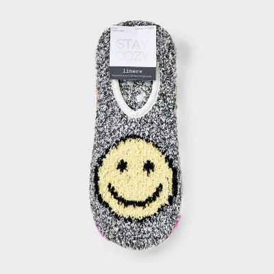 Women's Smiley 2pk Face Cozy Liner Socks - Heather Gray/White 4-10