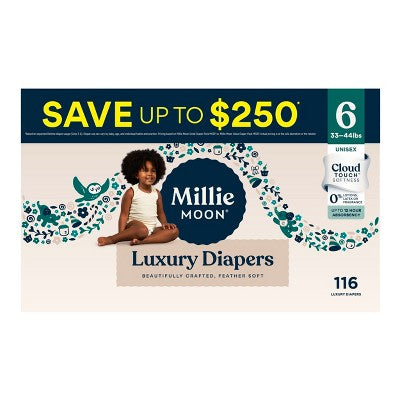 Millie Moon Luxury Disposable Diapers - Size 6 - 116ct: Hypoallergenic, Wood Fluff Pulp, Paraben-Free