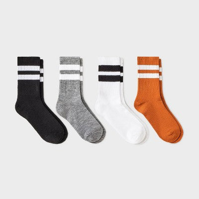 Boys' 4pk Striped Crew Socks - Cat & Jack Neutral M: Midweight Knit, Rib Cuffs, Multicolor Stripes