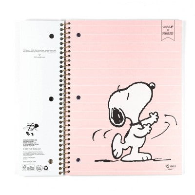 Yoobi 8"x10.5" Peanuts 1 Subject Notebooks Wide Ruled with Pen Pink Snoopy Dance, School Supplies