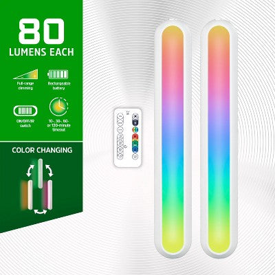 Energizer 2pk Rechargeable LED Light Bars with Remote Control, Dimmable RGBW Color Changing Accent Lights, 80 Lumens