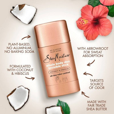 SheaMoisture Aluminum Free Whole Body Invisible Deodorant Anti-Chafe Stick - Coconut & Hibiscus - 2.6oz