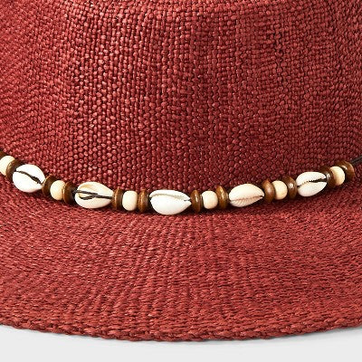 Straw Wide Brim Boater Hat with Shell Detail - Universal Thread Burgundy