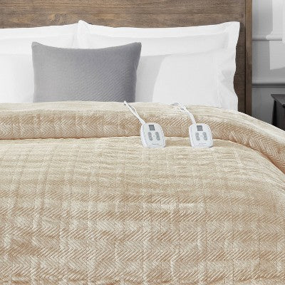 Brookstone Full/Queen Heated Micro Herringbone Blanket Taupe
