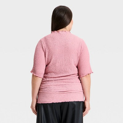 Women's Short Sleeve Mock Neck Top - A New Day Pink 2X