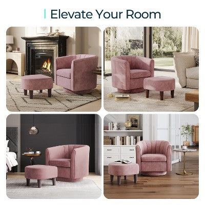 LINSY HOME Swivel Accent Chair Ottoman Set, Velvet Small Barrel Chair with Foot Rest Blue 27.4'' x 25.6'' x 26'' (LOCAL PICKUP ONLY)