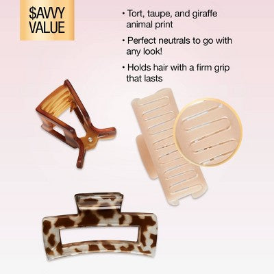 scunci Medium Sized Rectangle Claw Clips - All Hair - 3pcs