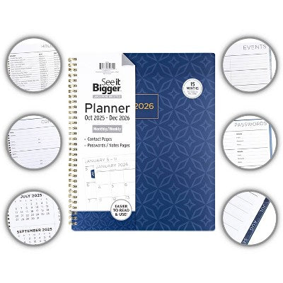 See It Bigger 2025-2026 15 Month Monthly/Weekly 9"x11" Planner Large
