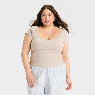 Women's Short Sleeve Double V-Neck Ribbed T-Shirt Gray XXL