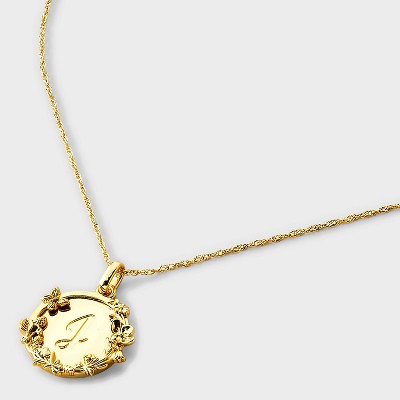 14k Gold Dipped Floral Etched Initial "J" Round Tag Pendant Necklace - A New Day Gold