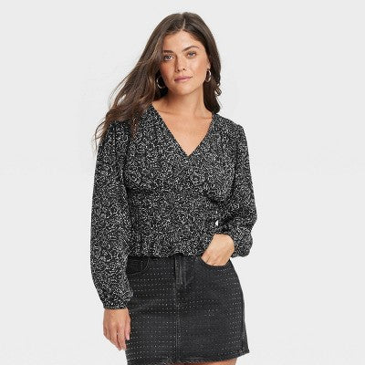 Women's Long Sleeve Smocked Blouse Universal Thread BlackFloral M