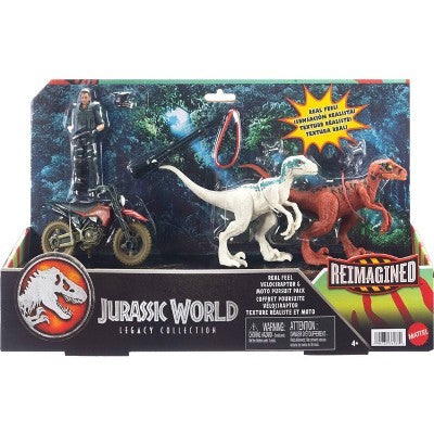 Jurassic World Reimagined Motorcycle, Owen Grady & Raptors & Tools Retro Pack