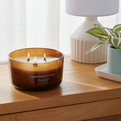 3-Wick Amber Glass Wooden Wick Applewood and Amber Jar Candle 20oz - Threshold