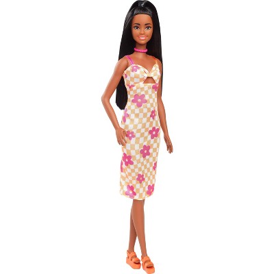Barbie 12.7" Fashionista Pink and Orange Check Dress Doll Black Hair/Brown Eyes