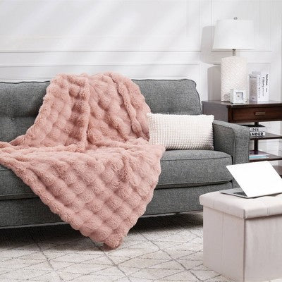 Bubble Faux Fur Throw Blanket Blush
