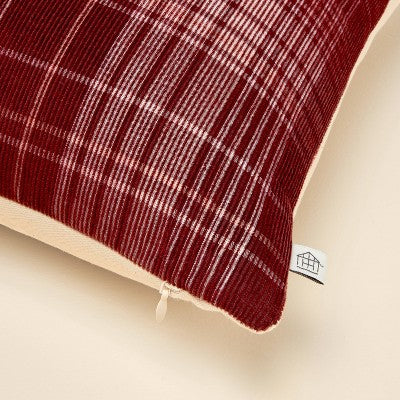 18"x18" Fall Plaid Corduroy Square Throw Pillow Burgundy - Hearth & Hand with Magnolia