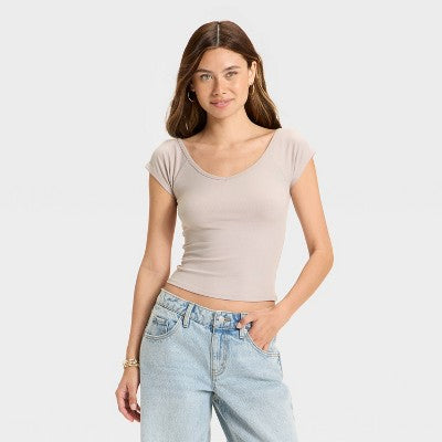 Women's Short Sleeve Double V-Neck Ribbed T-Shirt XS