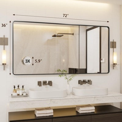 72" x 36" Black Metal Framed Bathroom Mirror Rounded Rectangle Vanity Mirror with 3X Magnifying Glass for Over Sink (Hangs Horizontally/Vertically (LOCAL PICKUP ONLY)