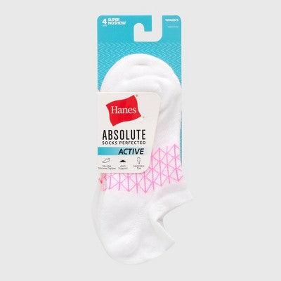 Hanes Women's Absolute Active 4pk Super No Show Socks - White/Pink 5-9: Cotton Blend, Arch Support, Cushioned Sole, Seamless Toe