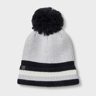 Boys' Striped Cuff Pom Beanie- All In Motion Heathered Gray One Size Fits Most