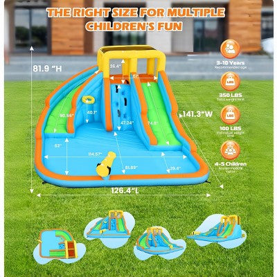 AS IS (slightly used) 141.3" x 126.4" x 81.9" 11-in-1 Inflatable Water Slide Park for Kid 3-12 w/2 Water Slides|550W Blower|5 Toys|Splash Pool|Climb Wall In/Outdoor (LOCAL PICKUP ONLY)