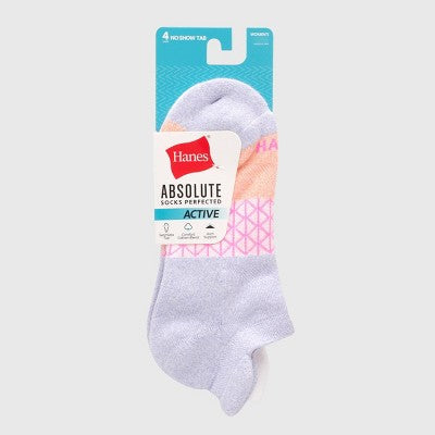 Hanes Women's Absolute Active 4pk No Show Tab Socks - White/Purple/Pink 5-9: Cotton Blend, Arch Support, Cushioned Sole, Seamless Toe