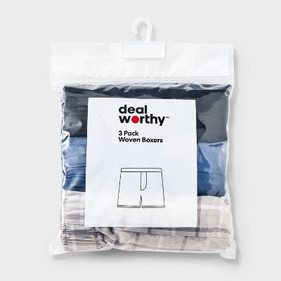 Men's Woven Boxers 3pk - Dealworthy Blue/Black S: Lightweight Cotton Blend, Mid Rise, Elastic Waistband, Machine Washable