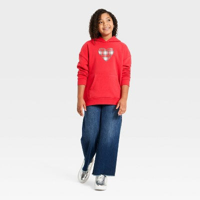 Girls' Plaid Heart Oversized Hooded Fleece Sweatshirt - Red XL