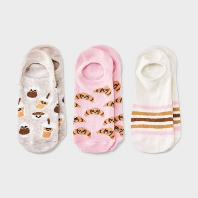 Women's Coffee & Croissants 3pk Liner Socks - Oatmeal Heather/Ivory/Pink 4-10